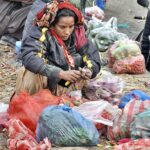 Woman picking onion from waste discarded by the vendors at Fruit and vegetable market in the Federal Capital