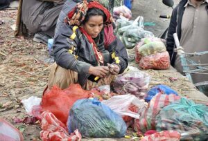 Woman picking onion from waste discarded by the vendors at Fruit and vegetable market in the Federal Capital