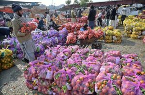 Vendors displaying seasonal fruit organes to attract customers at Islamabad Fruit and Vegetable market