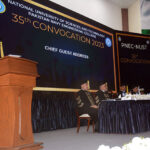 President Dr. Arif Alvi addressing on the occasion of 35th Convocation ceremony of Pakistan Navy Engineering College (PNEC) at Bahria Auditorium.