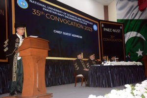 President Dr. Arif Alvi addressing on the occasion of 35th Convocation ceremony of Pakistan Navy Engineering College (PNEC) at Bahria Auditorium. 