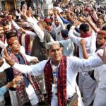 A Large number of people participating in a rally during the celebrations of Sindhi Ajrak Topi Culture Day at Jinnah Bagh Chowk