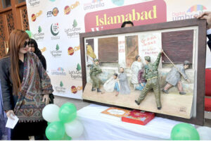 SAPM for Human Rights and Women Empowerment, Mushaal Hussein Mullick (Wife of Jailed Kashmiri Hurriyat Leader Mohammad Yasin Malik) talking to media during the opening ceremony of Islamabad Women Gala Venue: Pak-China Friendship Center