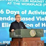 President Dr. Arif Alvi addressing an awareness event "16 Days of Activism against Gender-Based Violence and Harassment of Women" organized by the Federal Ombudsperson Secretariat for Protection Against Harassment (FOSPAH) at Aiwan-e-Sadr