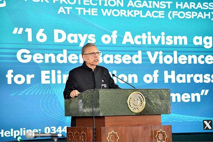 President Dr. Arif Alvi addressing an awareness event "16 Days of Activism against Gender-Based Violence and Harassment of Women" organized by the Federal Ombudsperson Secretariat for Protection Against Harassment (FOSPAH) at Aiwan-e-Sadr