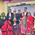 Vice Chancellor of Sargodha University Prof Dr Qaisar Abbas, Principal Khubaib Girls School and College Madam Sarwat Ansar and Chairperson International Dry Port Sargodha Dr Attiqa Rehan are distributing prizes among the players during 10th Sports Gala held at khubaib Girls School and College