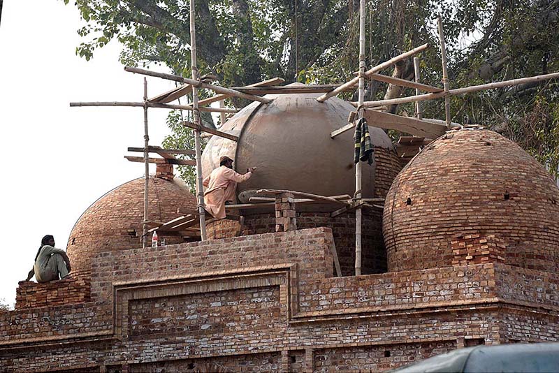 A view of construction work of Nazria-e-Pakistan Trust Masjid dome is in progress