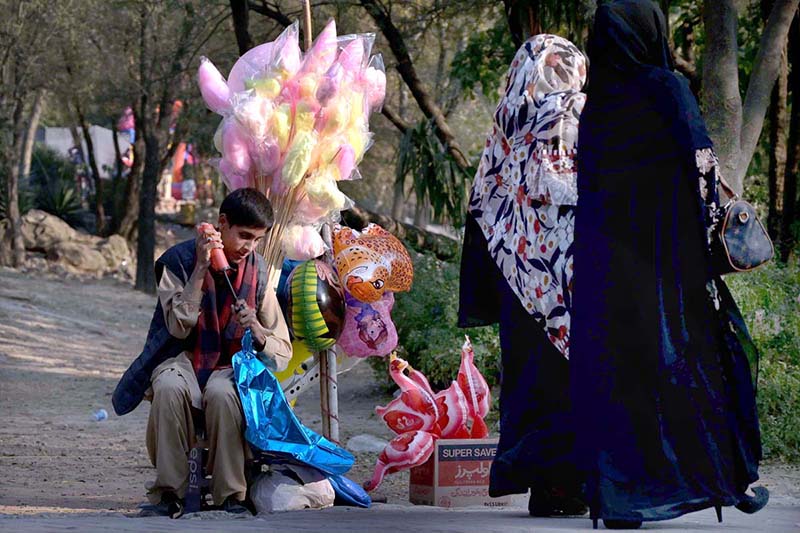 A vendor displays cotton candies and toys to attract children at the picnic spot Daman e Koh