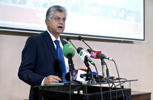 Caretaker Federal Minister for Information and Broadcasting Murtaza Solangi addressing event “Speech Competition on Quaid Day” organized by DEMP at Information Service Academ