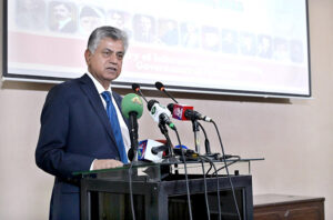 Caretaker Federal Minister for Information and Broadcasting Murtaza Solangi addressing event “Speech Competition on Quaid Day” organized by DEMP at Information Service Academ