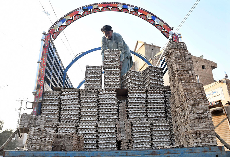 Workers off-loading eggs from a delivery truck in a local market near Bakrani Chowk