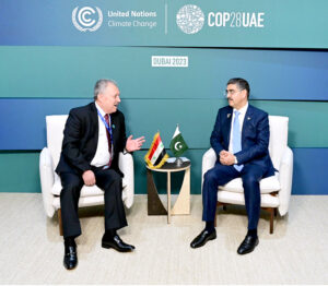 Caretaker Prime Minister Anwaar-ul-Haq Kakar meets with the Prime Minister of Syria Mr. Hussein Arnous on the sidelines of the high level segment of COP 28