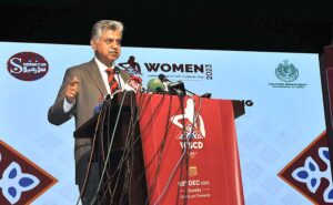 : Caretaker Federal Minister for Information & Broadcasting Murtaza Solangi addressing during the Sindhi Cultural Day event organized by Soormiyun at PNCA