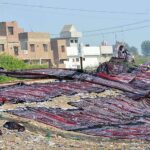 Labourers place Sindhi ajraks in sunlight for drying purpose at Tando Yousuf