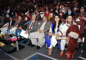 Federal Minister Madad Ali Sindhi and Caretaker Federal Minister for Information & Broadcasting Murtaza Solangi watching the stage show during the Sindhi Cultural Day event organized by Soormiyun at PNCA