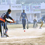 A view of a cricket match played between the traffic police and Press Club teams during T10 Tape Ball Tournament at MCG
