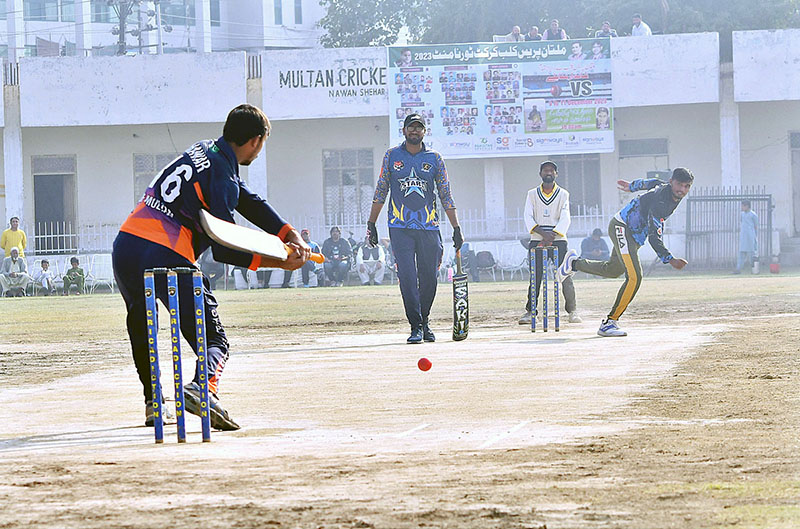 A view of a cricket match played between the traffic police and Press Club teams during T10 Tape Ball Tournament at MCG