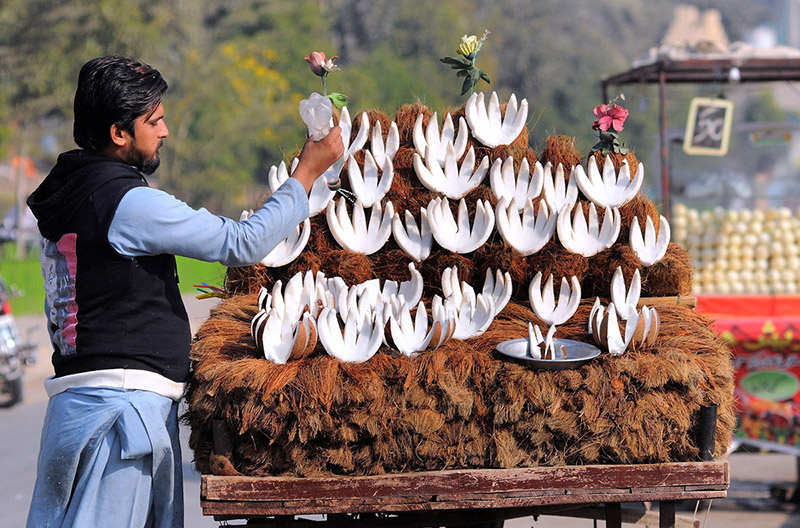 A vendor showering water on the Coconut to keep them fresh at his roadside setup