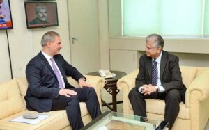 Murtaza Solangi, Caretaker Federal Minister for Information and Broadcasting in a meeting with Jordanian Ambassador, H.E. Maen Khreasat