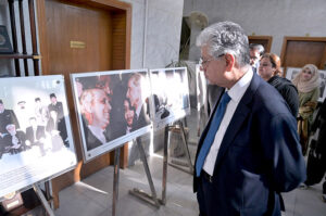 Caretaker Federal Minister for Information and Broadcasting Murtaza Solangi visiting the photo exhibition during the speech competition on Quaid Day organized by DEMP at Information Service Academy.