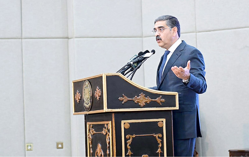 Caretaker Prime Minister Anwaar-ul-Haq Kakar addresses the National Ulema Conference on Polio Eradication