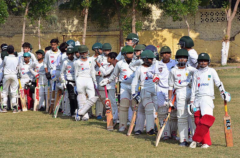 Young cricketer in action during under 13th cricket trials for PCB age group tournament 2024-25 at Police ground