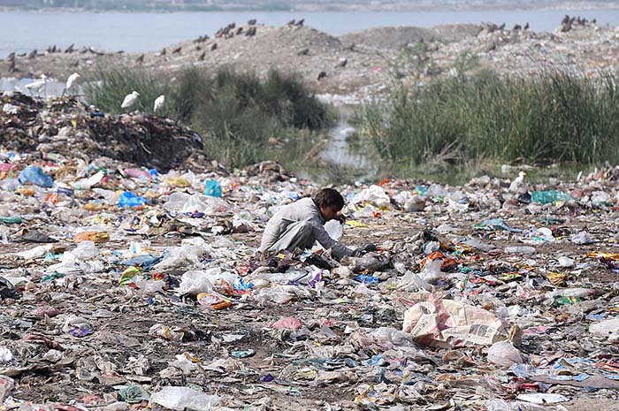 A gypsy youngster searching and collecting recycle items from heap of garbage at site area
