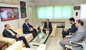 Murtaza Solangi, Caretaker Federal Minister for Information and Broadcasting in a meeting with Jordanian Ambassador, H.E. Maen Khreasat