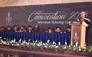 Caretaker Federal Minister for Information & Broadcasting, Murtaza Solangi addresses the 4th Convocation of Information Technology University while Punjab Governor Balighur Rahman is attending the event at Information Technology University, Main Campus.