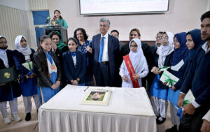 Caretaker Federal Minister for Information and Broadcasting Murtaza Solangi and Federal Secretary for Information and Broadcasting Ms. Shahera Shahid in a group photo with participants during the speech competition on "Quaid Day" organized by DEMP at Information Service Academy. 