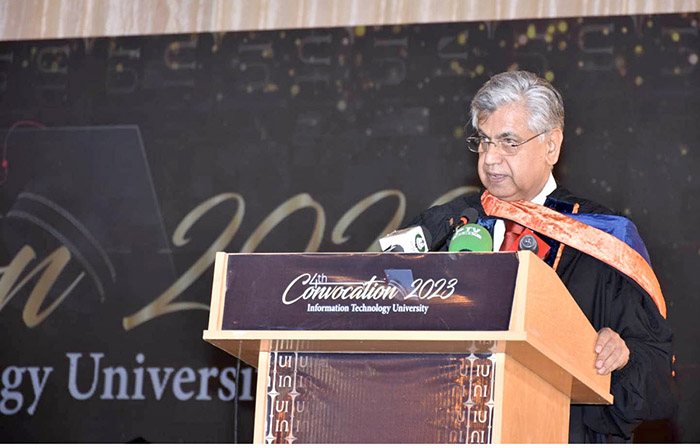 Caretaker Federal Minister for Information & Broadcasting, Murtaza Solangi addresses the 4th Convocation of Information Technology University while Punjab Governor Balighur Rahman is attending the event at Information Technology University, Main Campus.
