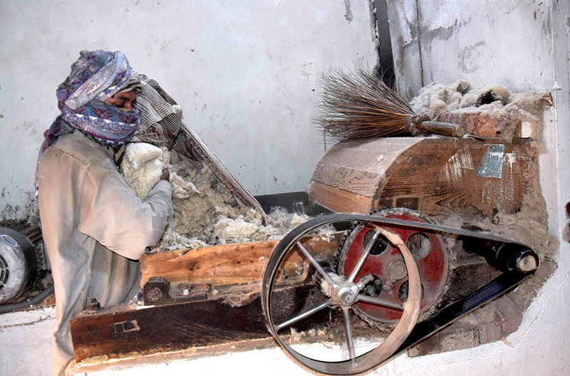 Labourer busy ginning of cotton at his workplace