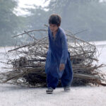A child is dragging firewood collected for household use near Bakrani Road