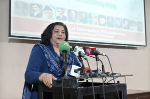 Federal Secretary for Information and Broadcasting Ms. Shahera Shahid addressing the event “Speech Competition on Quaid Day” organized by DEMP at Information Service Academy. 