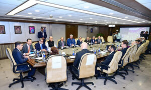 Caretaker Prime Minister Anwaar-ul-Haq Kakar chairs a meeting of prominent members of the Pakistan Stock Exchange, renowned businessmen and investors