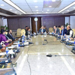 Caretaker Prime Minister Anwaar-ul-Haq Kakar chairs a meeting of prominent members of the Pakistan Stock Exchange, renowned businessmen and investors