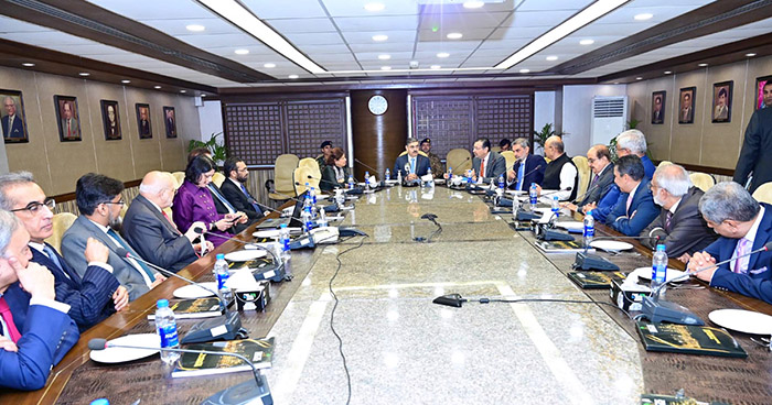 Caretaker Prime Minister Anwaar-ul-Haq Kakar chairs a meeting of prominent members of the Pakistan Stock Exchange, renowned businessmen and investors