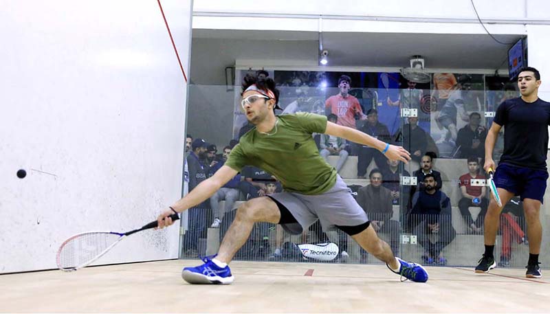 Players in action as Pakistan Squash Federation in collaboration with PAF & Serena Hotels is organizing Chief of the Air Staff-Serena Hotels International Squash Championship for Men & Women at Mushaf Squash Complex. Besides Pakistan, a group of 23 world ranking Men & Women players from Malaysia, Hong Kong, Egypt & Spain are participating