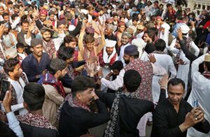 Children enjoying and celebration during celebration of Sindhi Ajrak Topi Culture Day at Sindh Museum