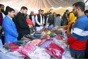 Governor KP Haji Ghulam Ali and VC Prof. Dr. Safia Ahmed visiting different stalls during 1st International Women Conference on Breaking Barriers, Building Bridges, Uniting Women's Voice For A Better World at Local hotel