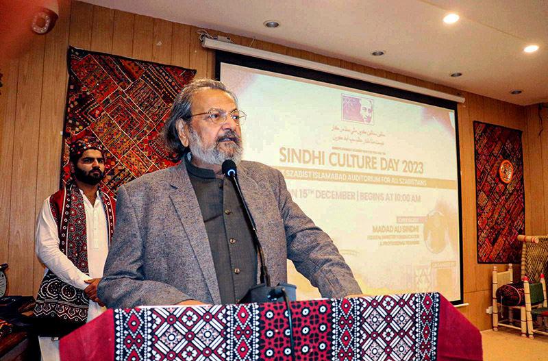 Federal Minister for Education Professional Training Madad Ali Sindhi addressing during Sindhi Culture and Heritage Day by Haseeb Ahmad Chairman Sindhi Sangat at SZABIST