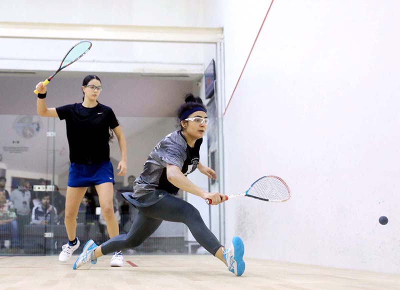 Players in action as Pakistan Squash Federation in collaboration with PAF & Serena Hotels is organizing Chief of the Air Staff-Serena Hotels International Squash Championship for Men & Women at Mushaf Squash Complex. Besides Pakistan, a group of 23 world ranking Men & Women players from Malaysia, Hong Kong, Egypt & Spain are participating