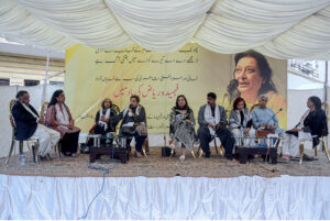 Well-known Television Host and Anchor, Actress Mahtab Akbar Rashdi along with others addressing at the event in memory of writer, author Fehmida Riyaz organized by the Karachi Press Club Adabi Academy and Ahbab-e-Fehmida at Karachi Press Club