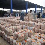 Vendor displaying tomato bags for bidding at Vegetable Market