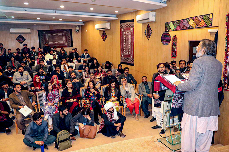 Federal Minister for Education Professional Training Madad Ali Sindhi addressing during Sindhi Culture and Heritage Day by Haseeb Ahmad Chairman Sindhi Sangat at SZABIST
