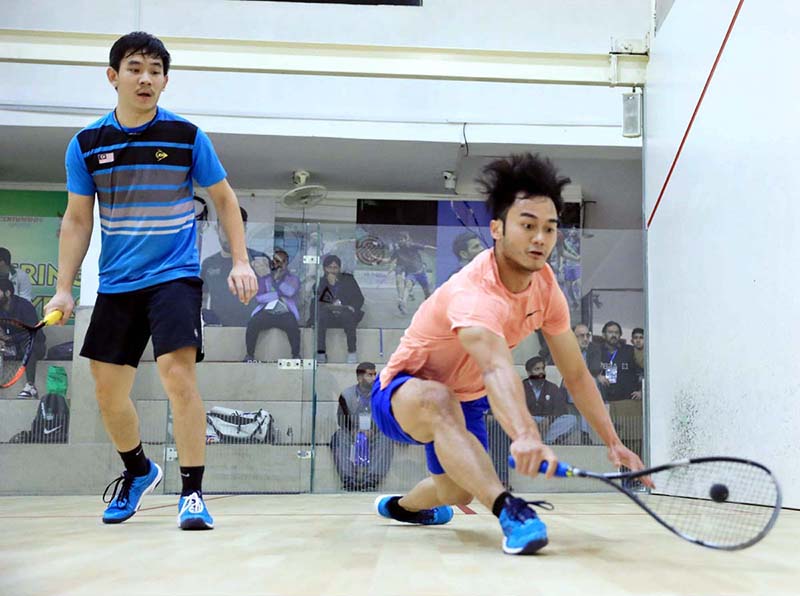 Players in action as Pakistan Squash Federation in collaboration with PAF & Serena Hotels is organizing Chief of the Air Staff-Serena Hotels International Squash Championship for Men & Women at Mushaf Squash Complex. Besides Pakistan, a group of 23 world ranking Men & Women players from Malaysia, Hong Kong, Egypt & Spain are participating