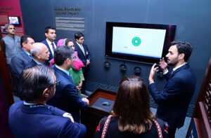 Caretaker Prime Minister Anwaar-ul-Haq Kakar is being briefed about the historical evolution of Aga Khan University, during the Health Tech Summit.