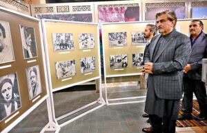 Caretaker Federal Minister for National Heritage and Culture, Jamal Shah viewing Exhibition of Books and Photographs in connection with upcoming Quaid-i-Azam Day at Heritage Museum, Lok Virsa