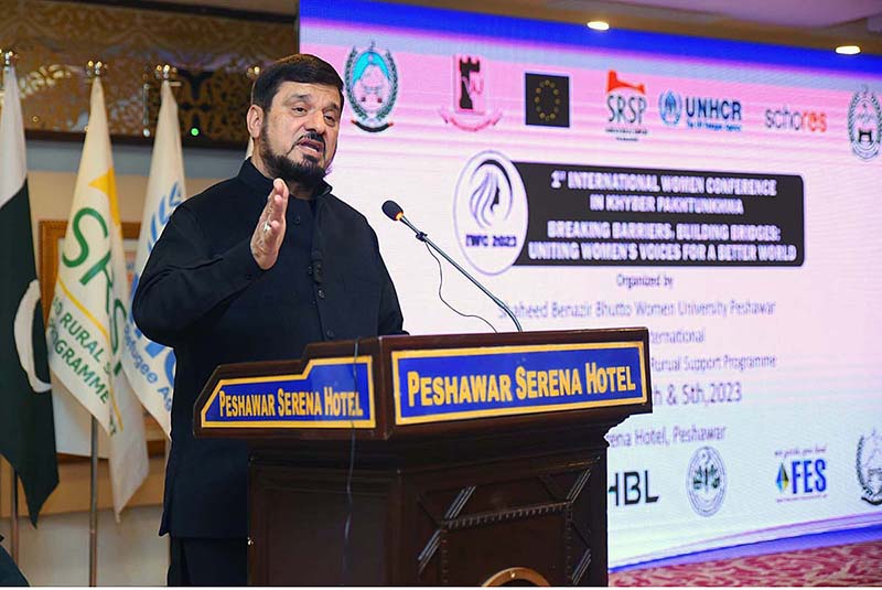 Governor KP Haji Ghulam Ali addressing during 1st International Women Conference on Breaking Barriers, Building Bridges, Uniting Women's Voice For A Better World at Local hotel