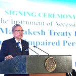 President Dr Arif Alvi addressing during signing the Instrument of Accession to the Marrakesh Treaty for the Visually Impaired Persons in a ceremony, at Aiwan-e-Sadr